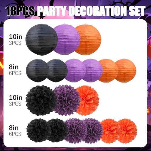 Image of 18 PCS Black Orange Purple Paper Lanterns & Tissue Paper Pom Poms for Halloween Birthday, Wedding, Hanging Paper Party Decoration Set for Indoor Outdoor Fall Celebration