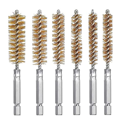 Supkeyer 6Pcs Stainless Steel Bore Brush Bristles Wire Brush Wire Tube Cleaning Brush Washing Polishing Tools with 1/4 inch Hex Shank Handle for Power Drill Cleaning Impact Driver (Copper)