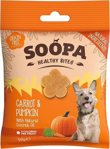 Soopa Carrot & Pumpkin Healthy Bites Human-Grade Grain-Free Natural Dog Treats for Small Dogs Medium Large Puppy Dog Training Treats Low Calorie Superfood Ingredients Vegan 50 g 1-Pack