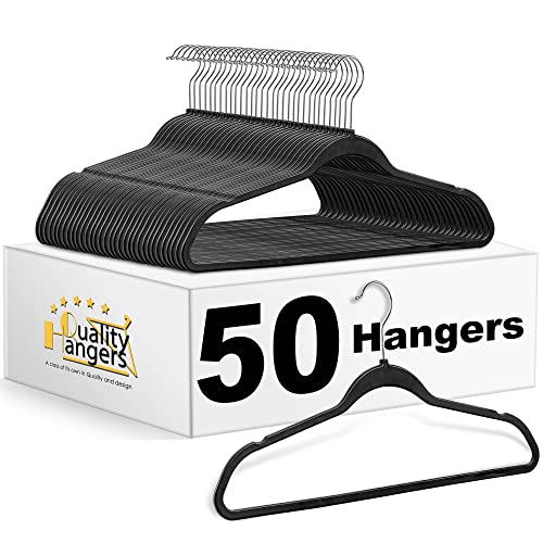 Quality Hangers 50 Pack Slim Plastic Hangers for Clothes – Heavy Duty Non-Velvet Black Hangers with 360° Swivel Chrome Hook & Non Slip Notches – Ideal for Dresses Coats Shirts Jackets & More – Black