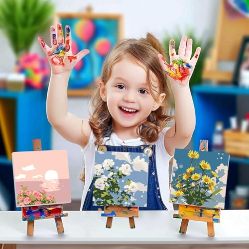 Image of HASTHIP 4PCS DIY Oil Painting Kit by Numbers with Frames, Wall Art for Adults & Kids, 7.8x7.8 Inch Canvas, Painting Tools, Vibrant Home Decor, Craft Kit Gift Set