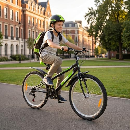 Actionbikes Kinderfahrrad Arrow - 20 24 Zoll - Kinder Fahrrad für Mädchen und Jungen - Von 6-12 Jahren - 6 Gänge - V-Brake Bremse - Schutzblech v. und h. - Fahrräder - Kinderrad (Schwarz Grün 24 Zoll)
