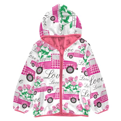 OTVEE Pink Truck Rose Flowers Kids Hoodie Jacket Fall Spring Full Zip Warm Outwear Coat