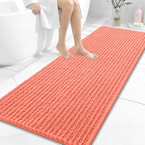 Image of OLANLY Long Bathroom Rugs Runner 59x24, Thick Soft and Absorbent Chenille Bath Mat, Non-Slip, Machine Washable Quick Dry Bath Rugs for Tub Shower Floor, Home Decor Accessories, Coral