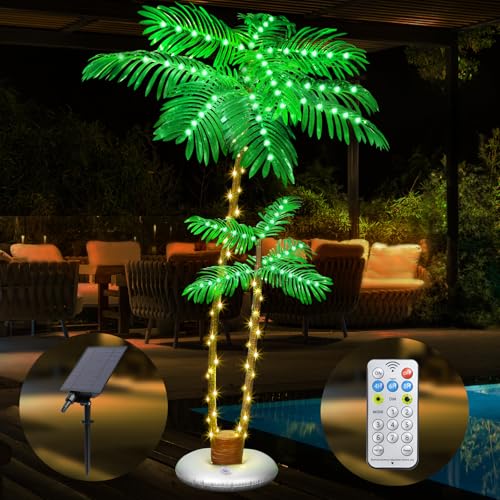 PINPON 6FT Solar Lighted Palm Tree Dual Trunks, Remote Control 8 Modes & Timer, IP65 Waterproof LED Lighted Artificial Tree for Patio, Pool, Tiki Bar, Outdoor Decor