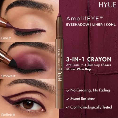 Image of HYUE AmplifEYE 3-in-1 EYE Crayon | Eyeshadow - Liner - Kohl | Plum Drip | Creamy Multi-Use Stick with in-built Sharpener and Smudger | High-Pigment Formula with Vitamin E & Jojoba Oil