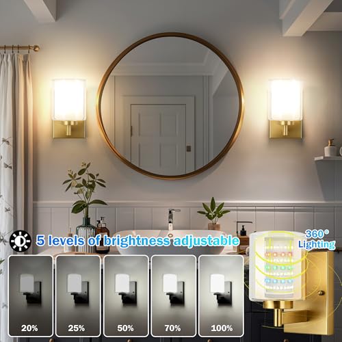 Image of Battery Operated Wall Sconce Set of 2, 10000mAh Wireless Rechargeable Wall Sconce with Remote Control, RGB Dimmable Bathroom Light Fixtures with Double Clear Glass Shade for Mirror Bedroom