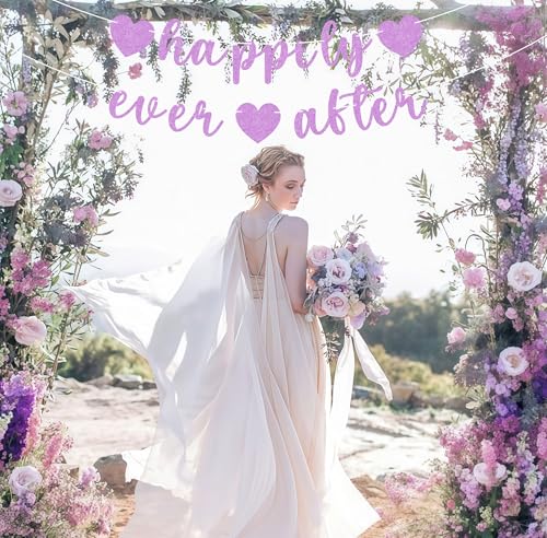Image of Pre-Strung Happily Ever After Banner - Purple Glitter Bachelorette Bridal Engagement Party Decoration Supplies, Bachelorette Wedding Party Banner for Engagement, Bridal Shower, Wedding Party Photo Booth Props