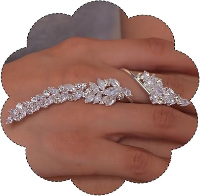 Rhinestone Finger Ring for Women Sparkly Crystal Butterfly Flower Leaf Adjustable Statement Chain Rings Punk Jewelry