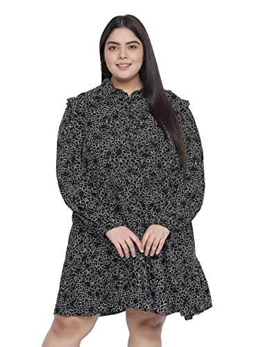 Image of oxolloxo Women Viscose Shirt Dress Regular Sleeves Jabllic Black Floral Print Button Down Party Dress