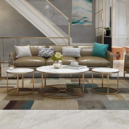 Image of Wood 3 Piece Living Room Table Set, 1 Center Table And 2 End Nesting Tables Round Stacking Coffee Side Table For Small Space, Nightstand Bedside Table White And Golden