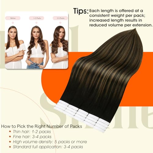 Image of Full Shine Tape Hair Extensions Real Human Hair 12Inch Color 1B Black Ombre 6 Brown Highlight 1B Tape in Human Hair Extensions Double Sided Tapes ins 30Gram 20Pcs Seamless Invisible Straight Hair