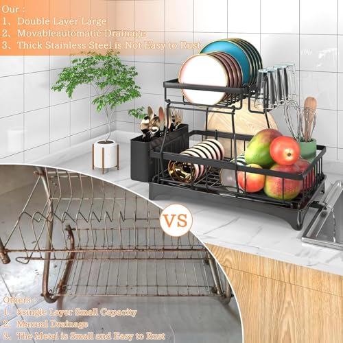 Image of ZENOVIA Dish Drying Rack 2-Tier with Drainboard & Drain Pipe | Rust Proof Carbon Steel Kitchen Organizer with Cup, Knife & Cutlery Holder | PP Tray | Snap On Assembly