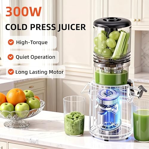 Image of Cold Press Juicer Machines, 5.3 inch Large Feed Chute Slow Juicer | 60s Easy To Clean Masticating Juicer for Whole Fruits & Vegetables, 300 W Quiet Juice Extractor, 99% High Juice Yield