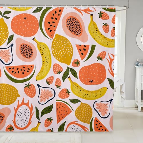 Image of Fruit Shower Curtain Strawberry Watermelon Bathroom Shower Curtain Set for Kids Adult Cute Papaya Lemon Pitaya Bath Curtain Cartoon Tropical Fruit Waterproof Curtains Colorful Room Decor 72x72 Inch