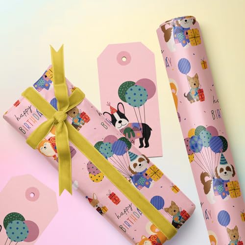 RUSPEPA Geschenkpapierrolle – 43,2 cm x 5 m – Rosa Geburtstags-Hunde-Geschenkpapier, perfekt für Geburtstag und Party.