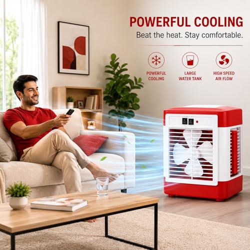 Image of Drumstone Red Desert Cooler | Portable Evaporative Air Cooler with 3-Speed Fan, Wide-Angle Oscillation, Remote Control & 4L Water Tank | Energy-Efficient Cooling for Home, Office & Outdoor Use