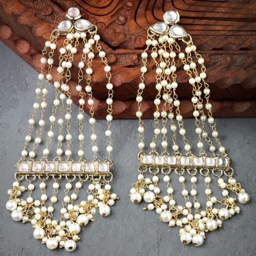 Image of Karatcart Gold Plated Pearl Chain Kundan Drop Earrings for Women
