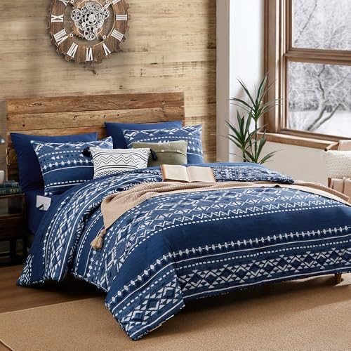 Image of Geniospin Full Comforter Set - 7 Pieces Comforters Full Size, Fluffy Boho Bedding Sets for All Seasons, Bed in a Bag with Flat Sheet and Fitted Sheet, Pillowcase & Sham (Blue, 80''x90'')
