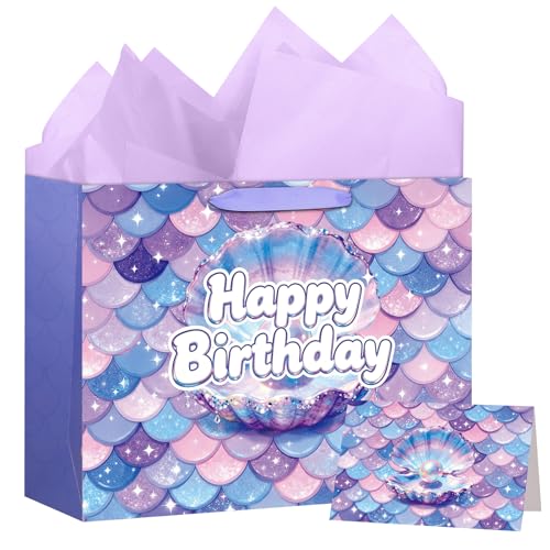 woric Large Mermaid Birthday Gift Bag with Handle 14.5 Purple Gift Bag with Tissue Paper Greeting Card for Kids Girls Birthday Party Baby Shower