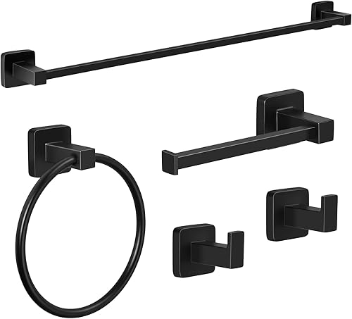 JiGiU Juego de accesorios de baño negro, 5 piezas montadas en la pared de 24 pulgadas, juego de accesorios de baño de acero inoxidable SUS304,