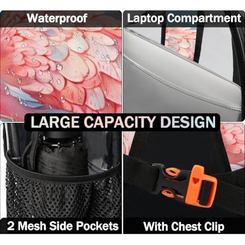 Beautiful Flamingo Flower Clear Backpack Stadium Approved PVC Backpacks for Adults Heavy Duty Clear Bag for Work Security Travel College4