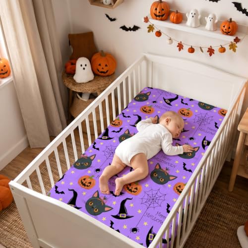 Image of JISEN Halloween Fitted Crib Sheets for Boys Girls 52x28 Inch Cat Purple