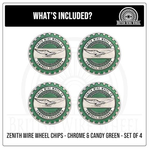 Image of Zenith Chrome & Candy Green Metal Wheel Chip Emblems (Set of 4) | Triple Chrome Plated Solid Metal Emblems, 2.25 inch | for Lowriders w /Cut or Recessed Knock Off Spinner Caps
