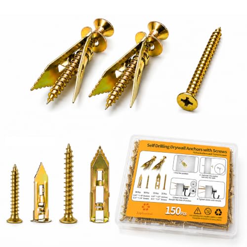 Image of Jyphorixal 150Pcs Self Drilling Drywall Anchors with Screws Kit,Zinc Plated Steel,2 Sizes Expansion Screws and 2 Sizes Wall Anchors, Easy Application No Drill or Holes in Wall.
