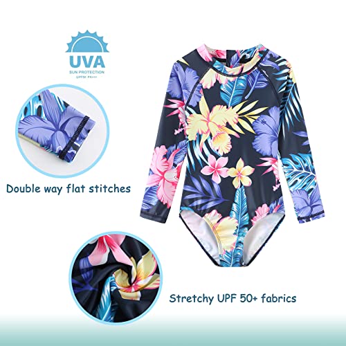 Image of Girls One Piece Swimsuits Long Sleeve Rash Guard for Kids Girls Hawaiian Swim Shirts UPF 50+ Sun Protection