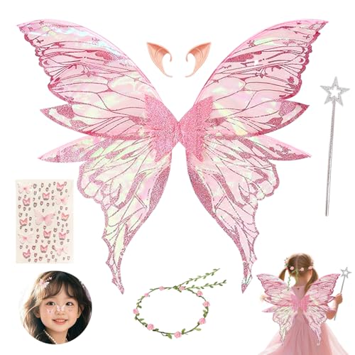 HIQE-FL Flügel Fee,Feenflügel Kostüm,Fee Stirnband und Sterne Feenstäbe,Schmetterlingsflügel mit Elfenöhren,Prinzessinnenflügel,Feenflügel Glitzer,Elfenflügel Set (L)