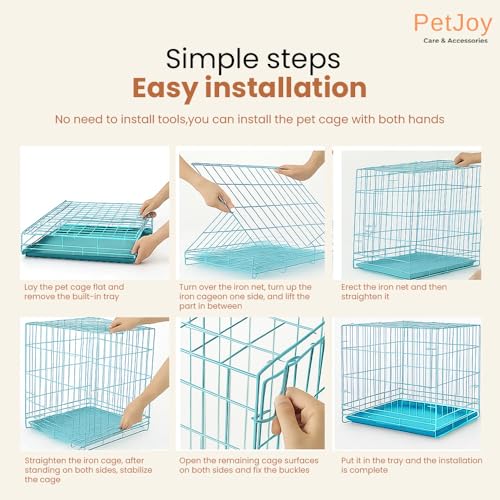 Image of PETJOY Foldable Metal Dog Cage | 36 Inch Dog Crate Kennel for Puppies, Large Dogs, Cats & Rabbits | Double Door with Secure Lock, Removable Leak-Proof Tray | Portable & Easy to Clean Pet Cage (Blue)