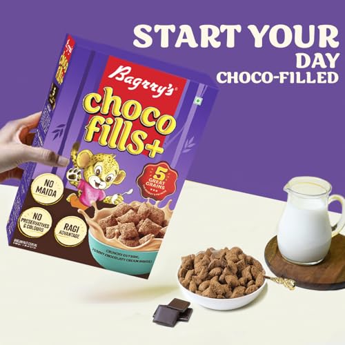 Image of Bagrrys Choco Fills Plus | 5 Grain Goodness | Ragi Advantage | Source of Fibre | Kids Cereal | Choco Fills, 250 g Box (Pack of 3)
