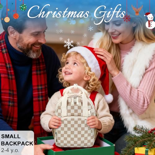 Image of Bluboon Toddler Backpack for Girls Boys 2-4 Cute 12 inch Preschool Kindergarten Backpacks Kids Daycare Bags School Travel (Brown-White checkered, Age 2-4 (12 inch H not Fit A4 Folder))