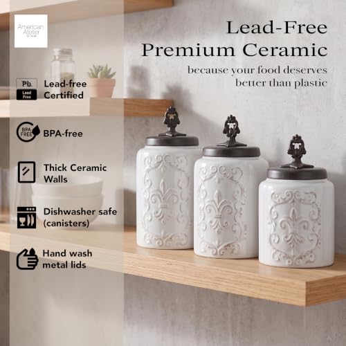 American Atelier Fleur de Lis White Canister Set 3-Piece Ceramic Jars in 84.5oz, 74.5oz, & 60oz Designed w/Airtight Stainless Steel Lids for Cookies, Candy, Coffee, Flour, Sugar, Rice, Pasta, Cereal - Image 5