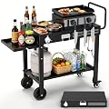 Portable Grill Table for Blackstone Griddle, Outdoor Grill Cart with Wheels, Griddle Stand Fit 17 Inch 22 Inch Ninja Griddle, Folding Table with Caddy for Outside Patio, Kitchen Cooking Prep Table