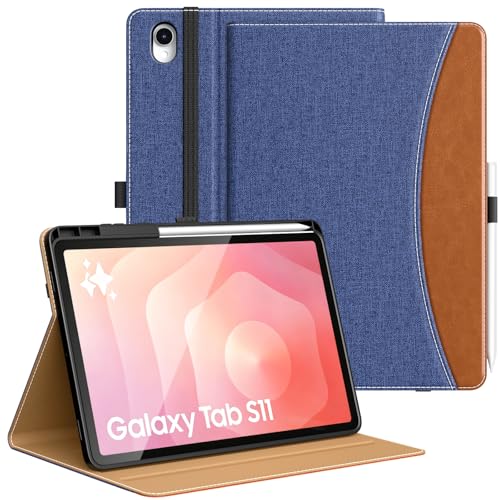 MoKo Case for Samsug Galaxy Tab S11 2025 11-Inch with S Pen Holder, PU Leather Multi-Angle Stand Case for Galaxy Tab S11 5G (SM-X730/SM-X736B) with Hand Strap, Pocket, Auto Wake/Sleep, Blue & Brown