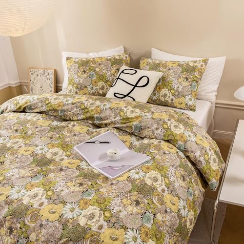 ECOCOTT Floral Duvet Cover Queen Size - Vintage Chic Garden Style Floral Pattern Printed Flower Duvet Cover Set Super Soft Comforter Quilt Cover with Zipper Closure 4 Ties