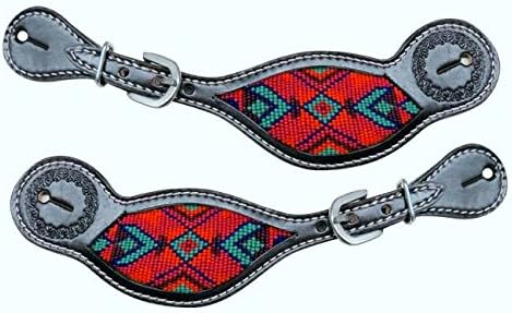 Showman Ladies Size Dark Brown Leather Spur Straps with Multi Colored Beaded Inlay