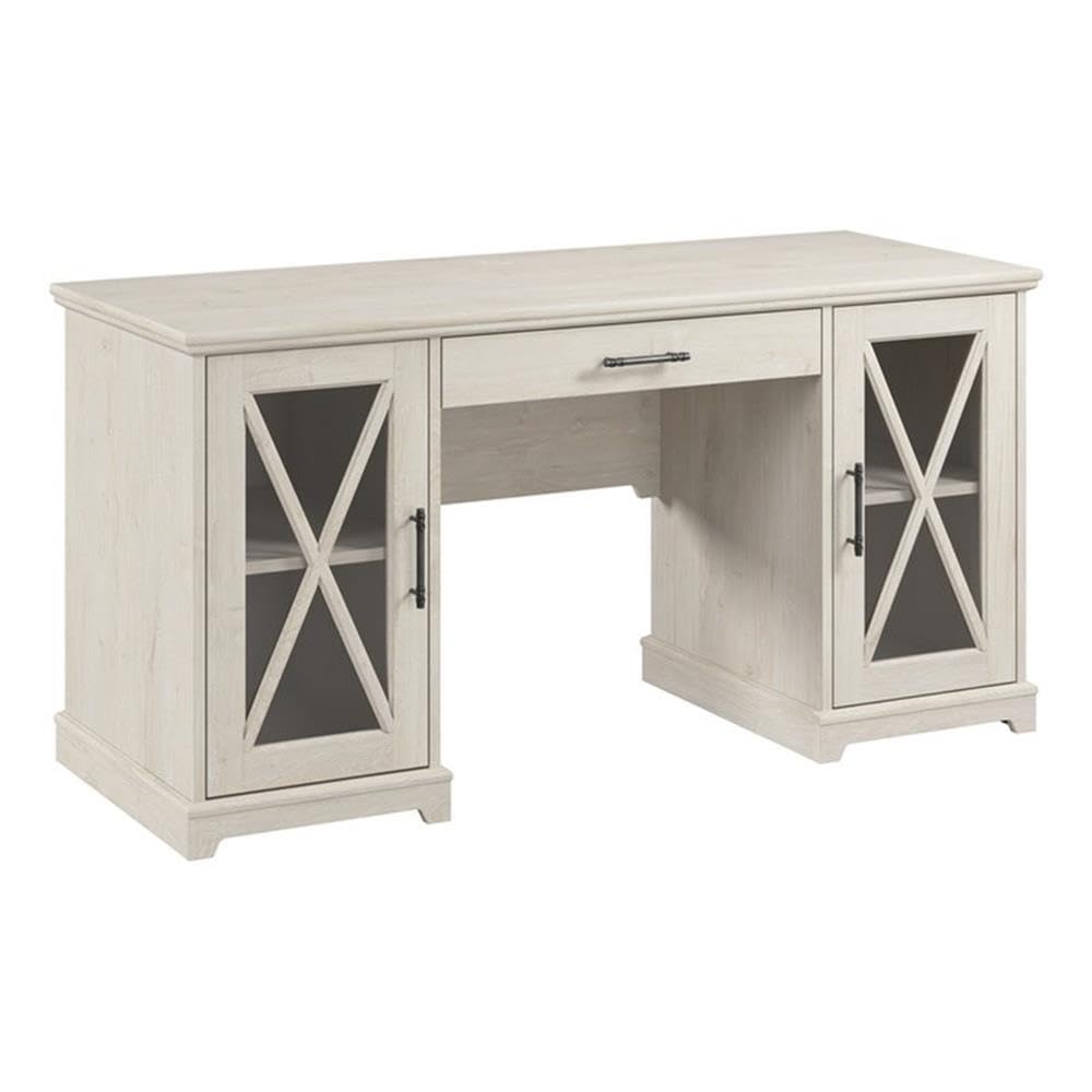 Bush Furniture Lennox 60W Farmhouse Desk with Storage and Keyboard Tray in Linen White Oak Computer Table for