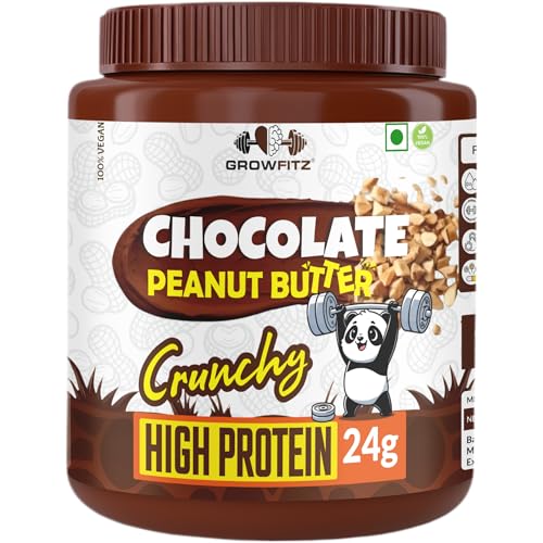 Image of Growfitz Peanut Butter Chocolate Crunchy 800g | 24g High Protein Peanut Butter | 7g Fiber | Tasty & Healthy Nut Butter Spread for Breakfast & Snacks | Roasted Peanuts | Zero Sugar (Pack of 1)