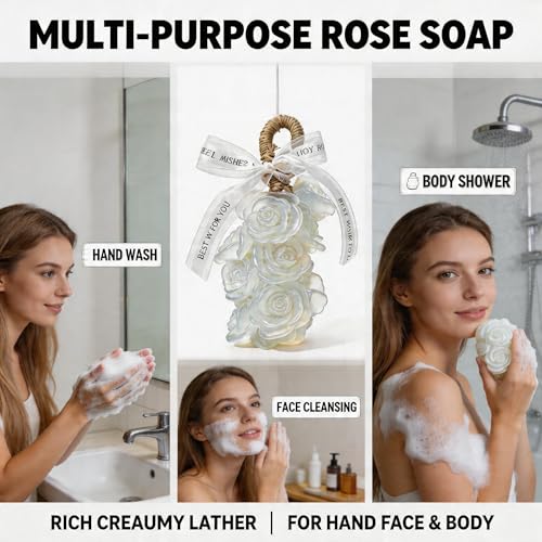 Image of Rose Soap on Rope Cute Shaped Handwashing Grapes Soap Bar, Novelty Hanging Flower Soap for Bathroom Decor,Fun Gift Handmade Soap