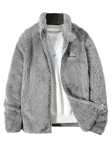 Verdusa Boy's Furry Fuzzy Fleece Jacket Drop Shoulder Zip Up Hoodie Outerwear