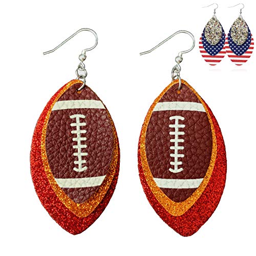 Football Jewelry for Women - Glitter Leather Earrings - Football Gifts/Accessories Earrings - American Football Red Leather Earrings for Girls - Set of Two - Mall of Style (Red and Gold)