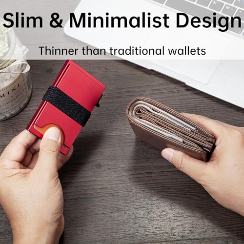 Image of Card Holder Wallets for Men | Slim Aluminum Wallet | RFID Blocking Minimalist Metal Pop Up Wallet | Money Clip & Cash Band | Expandable Compact Plate | Men's Accessories & Gifts for Men,Red