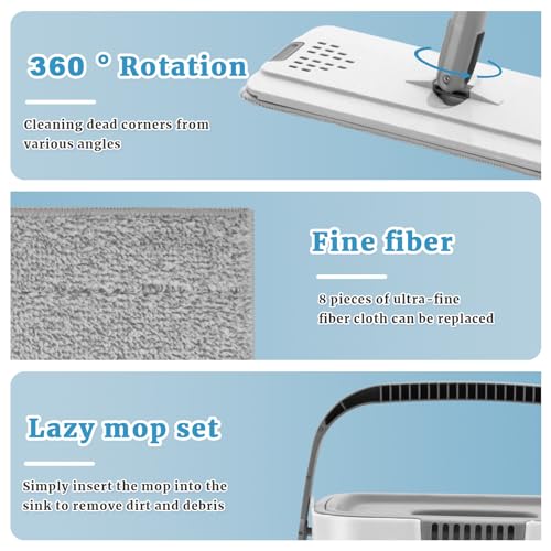 Aboiledy 360° Drehbarem Floor Mops und Eimer Set, Edelstahl Wischmopp Set mit 8 Mikrofaser-Pads, 2-in-1 Reinigungssystem, Abnehmbarer, Ideal für alle Bodenarten – Bild 5
