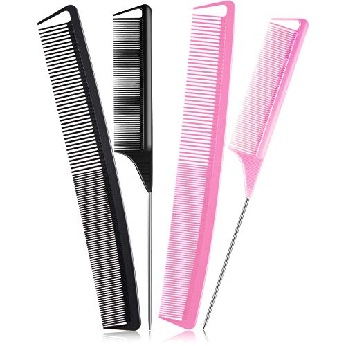 4 Pieces Carbon Fiber Parting Rat Tail Comb Cutting Comb Set, Includes Stainless Steel Pintail Comb Teasing Comb, Fine and Wide Tooth Comb Heat Hairdressing Comb for Braids Hair Salon Home