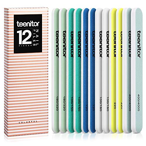 Nail files Colorful 12pcs, Teenitor Gel Remover Nail Polish Manicure Files kit with Straight Double Sided Emery Board Grit 120 100/150 100/180 220 180/320 400/4000 Buffer Block, Multi-color