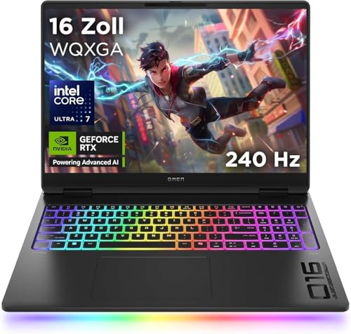 HP Omen MAX Gaming Laptop, 16' 2.5K WUXGA Display 240Hz, Intel Ultra 7-255HX (20C) 13 NPU Tops, NVIDIA GeForce RTX 5070 Ti 12GB VRAM, 32 GB DDR5 RAM, 1 TB SSD, Win 11, QWERTZ, RGB, Alu Schwarz