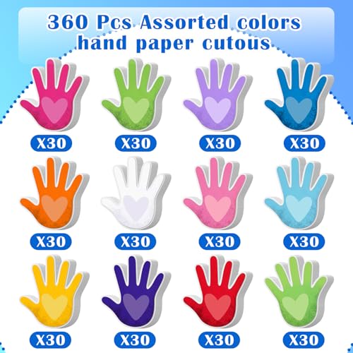 Image of Kisston 360 Pcs Hands with Heart Cutouts Paper 3.9 Inch Assorted Color Die Cuts for DIY Craft Projects School Classroom Bulletin Board Decor